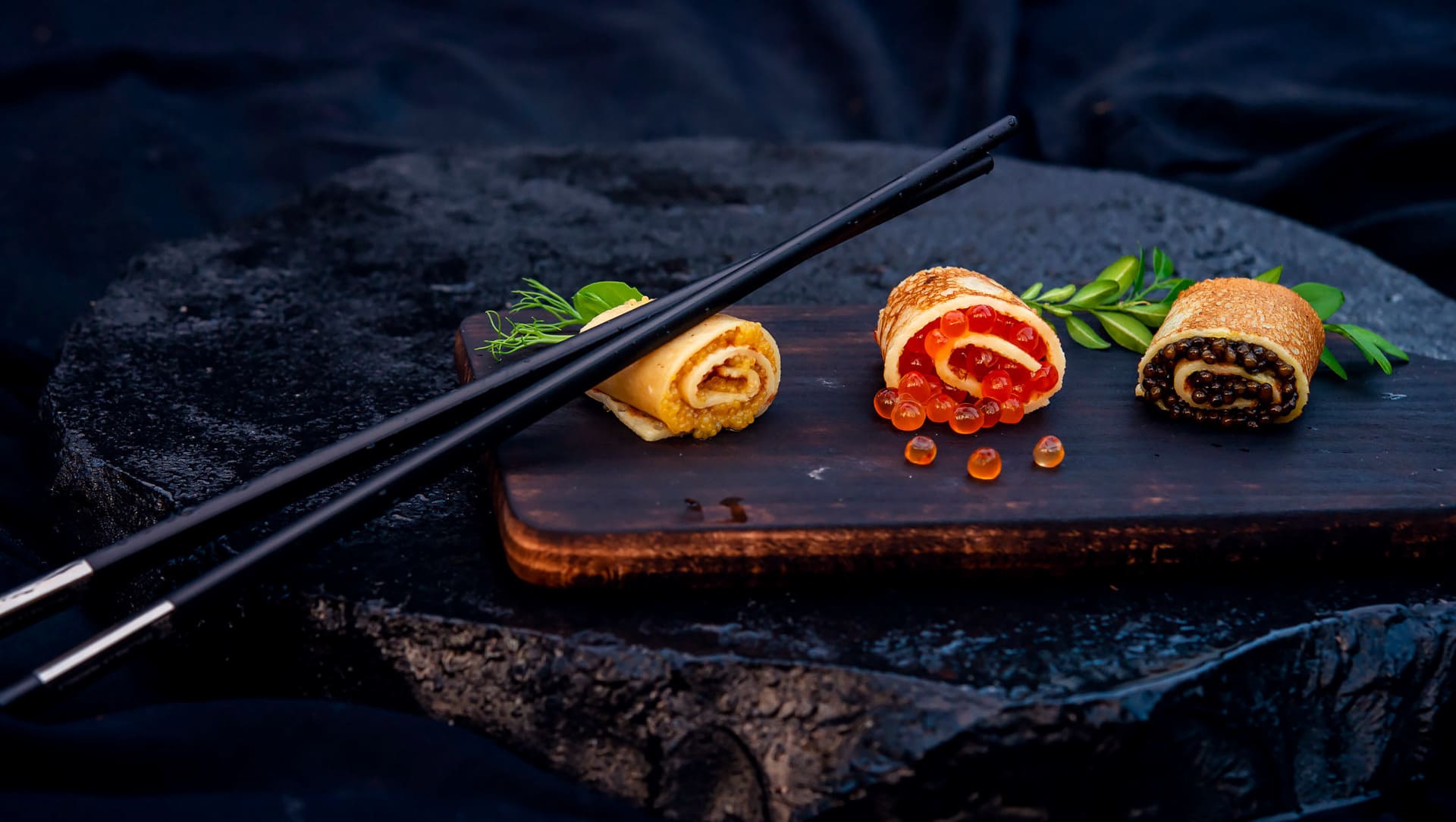 Exquisite selection of Pike caviar, Salmon roe, and Sturgeon caviar